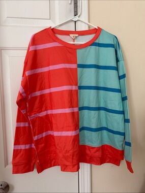 Women Colorblock Stripe Long-Sleeve Top - Red & Teal